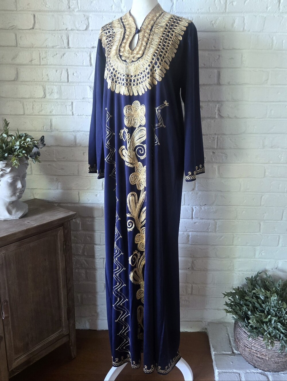 Vtg Embroided Moroccan Caftan, Maxi Dress, Navy & Gold, Travel, Party, One Size